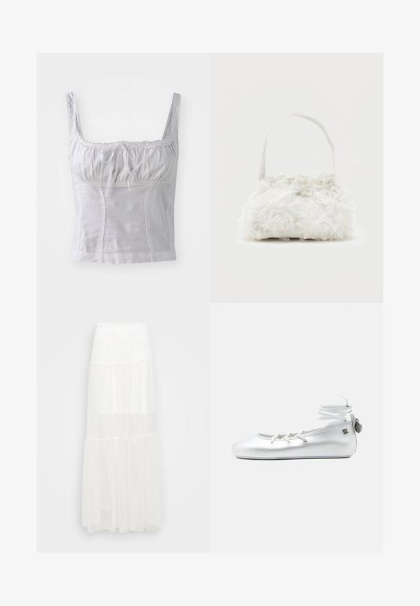Top blanco sin mangas con un cuerpo fruncido, detalles de encaje en el escote y un lazo en la parte delantera. Está hecho de una tela suave y ligera.; Falda maxi blanca con diseño de capas y cinturilla elástica. Fabricada en tejido ligero, presenta capas semitransparentes y un diseño fluido.; Bailarina blanca con lazo alrededor del tobillo, cordones en la parte delantera y una pequeña etiqueta metálica en la lengüeta del talón, mostrada sobre un fondo liso.; Pequeño bolso blanco con rosas de tela que cubren su cuerpo y una delgada correa única como asa, sobre un fondo liso.