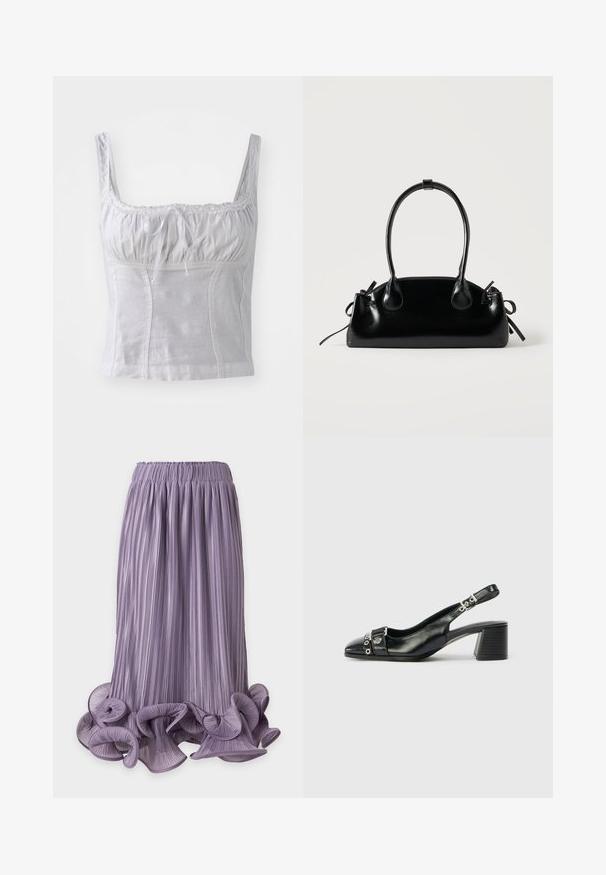 Top blanco sin mangas con un cuerpo fruncido, detalles de encaje en el escote y un lazo en la parte delantera. Está hecho de una tela suave y ligera.; Falda midi plisada color lavanda con dobladillo rizado y elástico en la cintura sobre un fondo liso.; Tacón slingback de cuero negro con punta afilada, correa texturizada con acentos metálicos circulares y tacón cuadrado apilado.; Pequeño bolso negro brillante con dos asas largas y detalles de cordón lateral sobre un fondo claro liso.