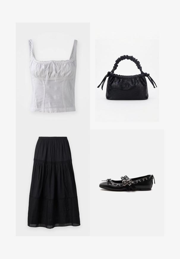Top blanco sin mangas con un cuerpo fruncido, detalles de encaje en el escote y un lazo en la parte delantera. Está hecho de una tela suave y ligera.; Falda negra hasta el tobillo con cintura elástica, volantes fruncidos y sutiles detalles de costura en tela ligera.; Zapato de ballet plano negro con correas de doble hebilla, ojales plateados y un pequeño lazo cerca de la puntera redondeada sobre un fondo blanco.; Bolso negro con textura de cocodrilo, borde superior fruncido, asa recogida y cordones con borlas en cada lado sobre un fondo blanco.