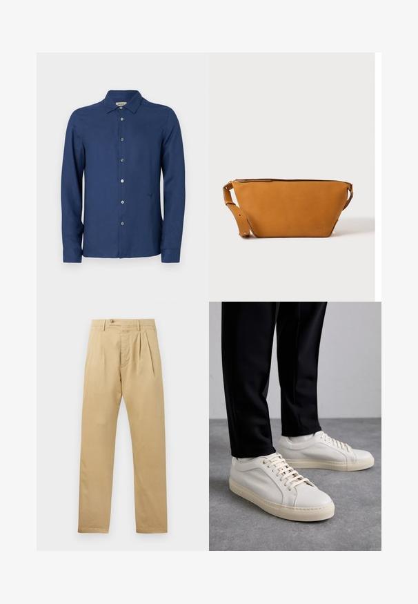 Chemise boutonnée à manches longues bleu marine en tissu lisse ; dotée d'un col classique, d'un logo subtil et d'une patte de boutonnage standard.; CLOSED BERGEN TAPERED - Chino - beige; Baskets en cuir beige clair avec des lacets plats, une surface texturée et une semelle en caoutchouc crème contrastante, associées à un pantalon noir fuselé.; Sac bandoulière en cuir marron clair avec sangle réglable et fermeture éclair, présenté sur un fond clair uni.