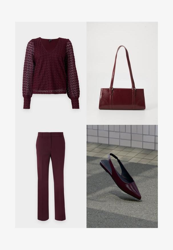 Bordeaux lange mouwen kanten blouse met V-hals, puffed sheer mouwen en een textuur met geometrisch patroon op het lichaam en de mouwen.; Bordeaux op maat gemaakte broeken met een gladde textuur, recht gesneden pijpen en een middelhoge tailleband. Bevat geen zichtbare zakken of versieringen.; Donkerrode lakleren slingback platte schoen met spits toelopende neus zwevend boven een getextureerde bestrating bij een betegelde muur.; Bourgondische handtas van glanzend materiaal, rechthoekige vorm, met twee schouderbanden en subtiele gebogen accenten aan de voorkant.