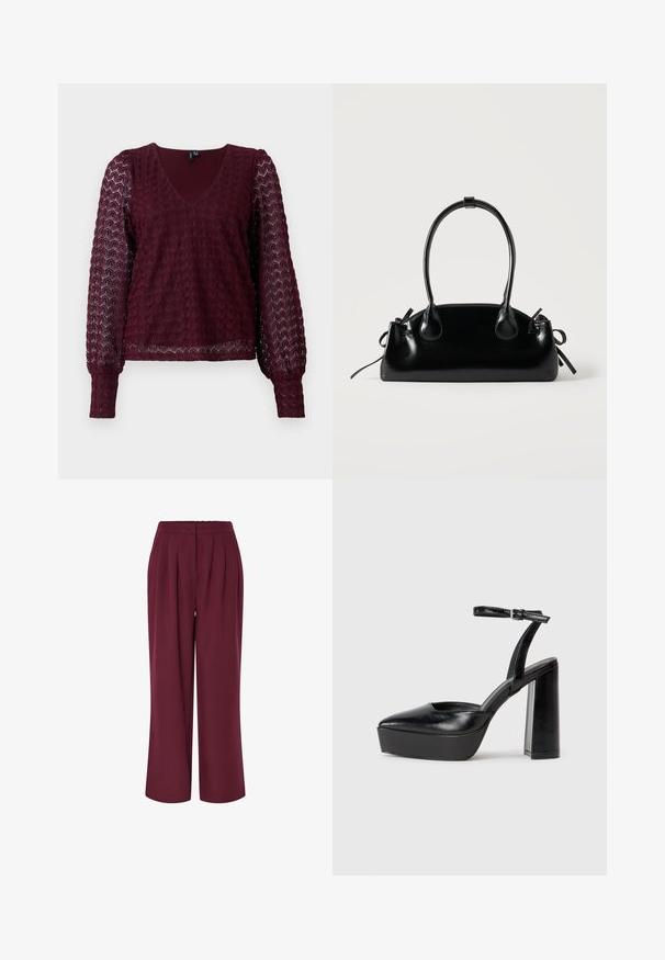 Bordeaux lange mouwen kanten blouse met V-hals, puffed sheer mouwen en een textuur met geometrisch patroon op het lichaam en de mouwen.; Wijd-uitlopende broek in bordeauxrode stof, met voorplooien en een elastische tailleband. Gladde textuur, full-length ontwerp.; Zwarte plateauhakken met een puntige neus en verstelbare enkelband. Gemaakt van soepel leer, met een robuuste blokhak.; Kleine zwarte glanzende handtas met twee lange hengsels en zijkant trekkoord details op een effen lichte achtergrond.