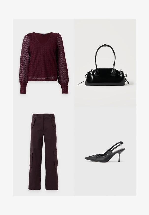 Bordeaux lange mouwen kanten blouse met V-hals, puffed sheer mouwen en een textuur met geometrisch patroon op het lichaam en de mouwen.; Donkerpaarse rechte cargo-broek met klepzakken aan de zijkanten, schuin geplaatste voorkóppen en riemlussen in de taille.; Zwarte leren slingback stiletto met spitse neus, zijgesp met gesp, studs langs de rand en decoratieve veters aan de voorkant.; Kleine zwarte glanzende handtas met twee lange hengsels en zijkant trekkoord details op een effen lichte achtergrond.