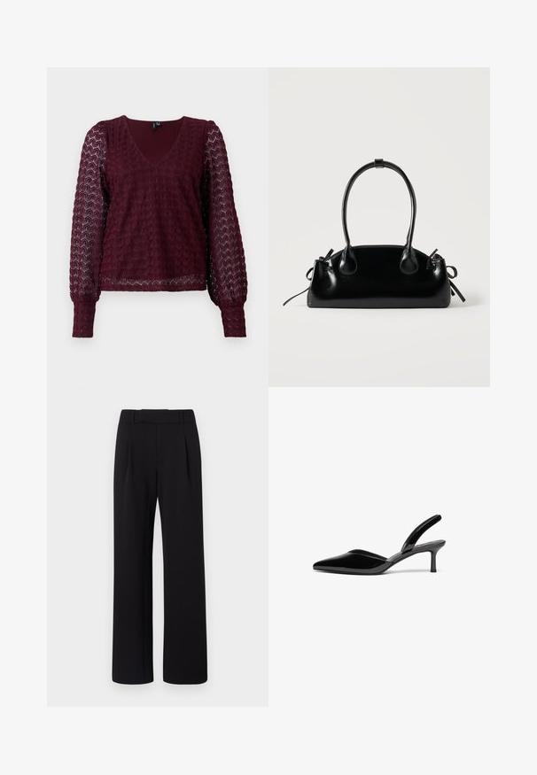 Bordeaux lange mouwen kanten blouse met V-hals, puffed sheer mouwen en een textuur met geometrisch patroon op het lichaam en de mouwen.; Zwarte, wijde broek gemaakt van soepel materiaal; beschikt over een tailleband met riemlussen en plat aan de voorkant; strak, op maat gemaakt ontwerp.; Zwarte gepolijste leren slingback hakken met een puntige neus, een lage stiletto hak en een elegant, eenvoudig ontwerp zonder versieringen.; Kleine zwarte glanzende handtas met twee lange hengsels en zijkant trekkoord details op een effen lichte achtergrond.