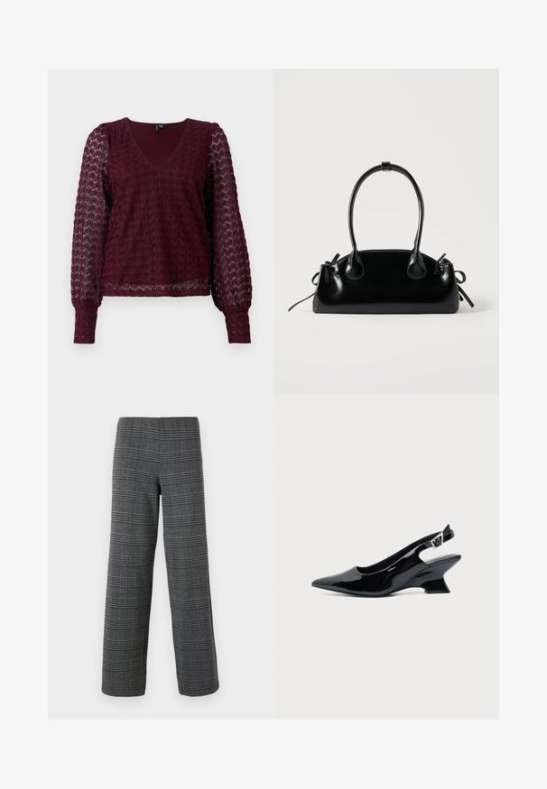 Bordeaux lange mouwen kanten blouse met V-hals, puffed sheer mouwen en een textuur met geometrisch patroon op het lichaam en de mouwen.; Vero Moda VMBERLIN WIDE PANT - Broek - dark grey/black; Zwarte lakleren slingback schoen met spitse neus en lage schuine blokhak op een effen lichte achtergrond.; Kleine zwarte glanzende handtas met twee lange hengsels en zijkant trekkoord details op een effen lichte achtergrond.