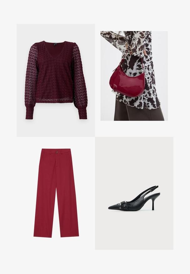 Bordeaux lange mouwen kanten blouse met V-hals, puffed sheer mouwen en een textuur met geometrisch patroon op het lichaam en de mouwen.; Brede broek van een gladde, gestructureerde stof in een diepe roodtint. Bevat voorzakken en een enkele knoopsluiting bij de taille.; Zwarte leren pumps met hoge hak en slingback, met een puntige neus en een gesp- en oogjesriem detail aan de voorkant.; Vrouw met een zwart-wit gebloemde blouse houdt een glanzende rode schoudertas vast tegen een effen achtergrond.