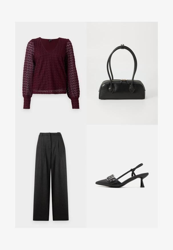 Bordeaux lange mouwen kanten blouse met V-hals, puffed sheer mouwen en een textuur met geometrisch patroon op het lichaam en de mouwen.; Wijde broek in donkergrijs ruitpatroon, met hoge taille, plooien en een gestructureerde pasvorm. Gemaakt van een getextureerde stof.; Simmi London DALA - Klassieke pumps - black; Zwarte leren handtas met twee verlengde handvatten, ritsluiting en ronde vorm; gladde textuur met subtiele glanzende afwerking.