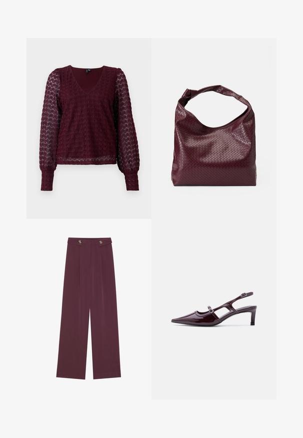 Bordeaux lange mouwen kanten blouse met V-hals, puffed sheer mouwen en een textuur met geometrisch patroon op het lichaam en de mouwen.; Hogewaisted, wijde broek in diep pruim met twee knopen op de tailleband en zijzakken, plat weergegeven op een witte achtergrond.; Bordeaux lakleren slingback schoen met spitse neus, lage hak en dubbele verstelbare gespsluitingen.; Bordeauxrode tas met een gestructureerd, geweven patroon, zacht leermateriaal en een enkele, geknoopte handgreep. Ruim, hobo-stijl ontwerp.