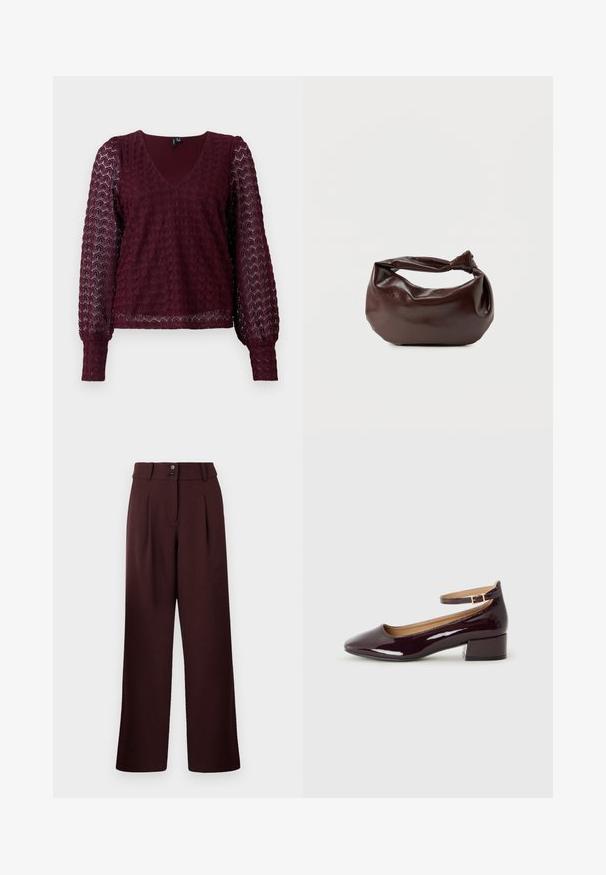 Blouse en dentelle bordeaux à manches longues avec décolleté en V, manches transparentes bouffantes et motif géométrique texturé sur le corps et les manches.; Pantalons évasés en bordeaux foncé, avec une taille haute, deux plis à l'avant et une fermeture à deux boutons. Fabriqués en tissu texturé.; Chaussure à talon bordeaux brillant avec un bout arrondi et une sangle à la cheville, posée sur un fond uni.; Sac bandoulière en cuir marron foncé avec une forme souple et décontractée et une anse nouée torsadée sur un fond blanc uni.