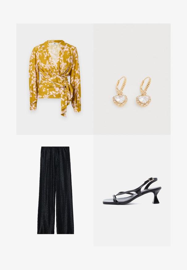 Blouse en tissu floral couleur moutarde avec des motifs de fleurs roses, manches longues et un détail à nouer à la taille. Texture de tissu lisse.; Pantalons wide-leg plissés noirs en matière texturée avec un motif zébré vertical et une taille élastique pour un ajustement confortable.; Sandale femme en cuir noir avec fines lanières, bout carré, boucle de cheville réglable et talon mi-hauteur évasé.; Boucles d'oreilles créoles en or avec un centre en pierre précieuse transparente en forme de cœur, entourée de petites pierres claires, avec une fermeture à levier texturée.