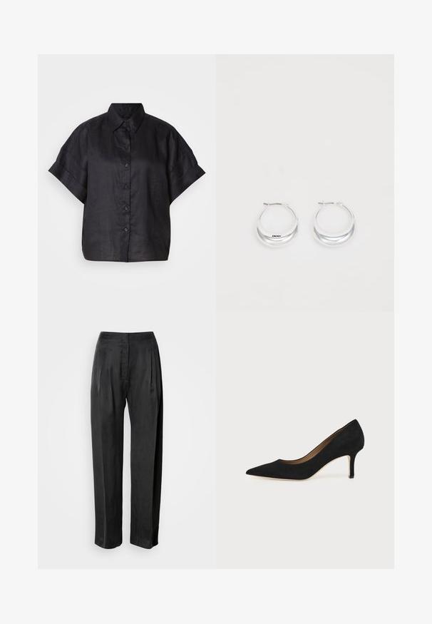 Chemise en lin noire à manches courtes avec un col, fermeture à boutons sur le devant et coupe décontractée. Texture lisse avec des poignets de manches roulés.; Pantalon noir à jambes larges en tissu lisse, avec plis sur le devant, braguette zippée et ceinture classique.; Escarpin en daim noir à bout pointu avec un talon stiletto fin de hauteur moyenne et un design à coupe basse sur un fond uni.; Boucles d'oreilles en argent avec une finition polie et un branding DKNY, présentées sur un fond blanc uni.