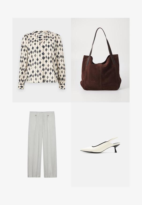 Blouse à manches longues en crème avec un motif en diamants noirs, présentant un devant à boutons et un col rond. Tissu doux et léger.; Pantalons taille haute en gris clair, à jambes larges, fabriqués en tissu doux. Comprend deux plis avant, deux boutons de fermeture et une texture lisse.; Chaussure slingback pointue couleur crème avec petit talon noir style escarpin bas et finition en cuir lisse sur fond blanc.; Sac fourre-tout en daim marron avec deux anses en cuir noir. Texture douce, haut arrondi et un intérieur spacieux. Aucun matériel ou embellissement visible.