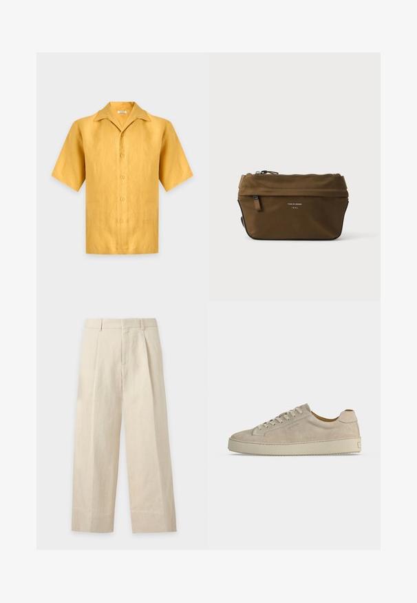 Gul kortermet skjorte med knapper og bred krage, vist på en ensfarget lys grå bakgrunn.; Beige bukser med vide ben, beltestropper, frontplisseringer og skjult frontåpning.; Beige semsket lavsko-sneaker med snøring og tykk gummisåle, vist fra siden på en ensfarget hvit bakgrunn.; Brun rektangulær pung med glidelås, liten lomme foran og teksten "Tiger of Sweden 1903" på forsiden.