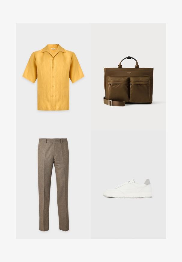Gul kortermet skjorte med knapper og bred krage, vist på en ensfarget lys grå bakgrunn.; Brune skreddersydde dressbukser med beltehemper og frontfolder på en ensfarget lys bakgrunn.; Hvit lave sneakers med grå hælflik, hvite lisser og en teksturert såle, vist på en enkel lys bakgrunn.; Brun rektangulær bæreveske med to store frontlommer med glidelås, korte håndtak og en justerbar skulderstropp på hvit bakgrunn.
