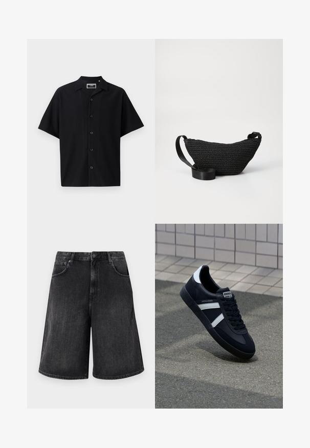 Schwarzes kurzärmliges Hemd mit Knopfleiste und strukturiertem Rippdesign, ausgestattet mit einem Kragen und fünf Knöpfen auf der Vorderseite, aus einem glatten Stoff gefertigt.; Schwarze Jeans-Shorts mit einem weit geschnittenen, geraden Schnitt, mit einem Frontknopfverschluss und fünf Taschen. Weiche Textur mit einem verwehten Finish.; Schwarze Leder-Sneaker mit weißen Streifen, strukturiertem Gummisohle und Schnürung. Verfügt über ein Markenetikett auf der Zunge.; Schwarze gewebte Stofftasche mit einer geschwungene Form, ausgestattet mit einem glatten schwarzen Riemen und einer strukturierten Außenseite. Geeignet für das Tragen quer über den Körper oder an der Hüfte.