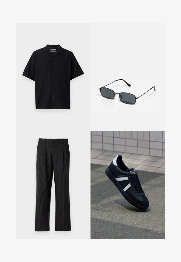 Camisa negra de manga corta con botones, con un diseño texturizado de canalé, que presenta un cuello y cinco botones en la parte delantera, hecha de un tejido suave.; Jack & Jones Classic Wide Leg Fit - Pantalones - black; Zapatilla de cuero negra con rayas blancas, suela de goma texturizada y parte frontal con cordones. Cuenta con una etiqueta de marca en la lengüeta.; Gafas de sol rectangulares negras con marco delgado de metal y lentes oscuros apoyadas sobre una superficie blanca.