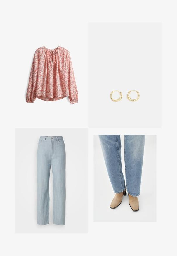 Langarm blouse in lichtroze stof met een rood bloemenpatroon, met een gathering bij de hals en een strikdetail, en met elastische manchetten.; Lichtblauwe recht gesneden jeans van denim. Heeft vijf zakken, een metalen knoopsluiting en subtiele whisks voor textuur.; Beige suède enkellaarsjes met een puntige neus en een lage zwarte blokhak, gedragen met lichtblauwe jeans met rechte pijpen.; Gouden creolen met een gestructureerd, onregelmatig oppervlak. Beschikt over een lichtgewicht ontwerp en een ronde vorm, geschikt voor dagelijks gebruik.