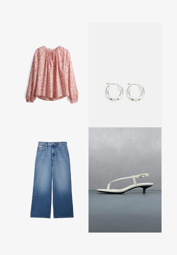 Langarm blouse in lichtroze stof met een rood bloemenpatroon, met een gathering bij de hals en een strikdetail, en met elastische manchetten.; Wijde blauwe denim jeans met vervaagde voorkant, vijfzakkenstijl, knoop- en ritssluiting, en klein Calvin Klein label op het voorzak.; Witte sandaal met smalle bandjes en kitten heel, met een spitse neus, zwevend boven een houten tegelvloer buiten, met op de achtergrond een wazige plant en muur.; Zilveren oorbellen in de vorm van een ring met een gepolijste afwerking, met een cirkelvorm en een scharnierende postsluiting. Glad oppervlak met minimale details.