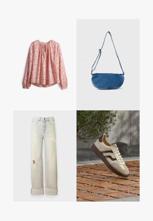 Langarm blouse in lichtroze stof met een rood bloemenpatroon, met een gathering bij de hals en een strikdetail, en met elastische manchetten.; Lichtblauwe jeans met hoge taille en wijde pijpen, met versleten scheuren op dij en knie, omgeslagen zomen en knoopsluiting.; Beige sneaker met bruine getextureerde strepen en zool, crèmekleurige veters, gefotografeerd boven een houten en stenen patroon buiten.; Blauwe denim crossbodytas met verstelbare riem en klein metalen logo aan de voorkant, weergegeven tegen een witte achtergrond.