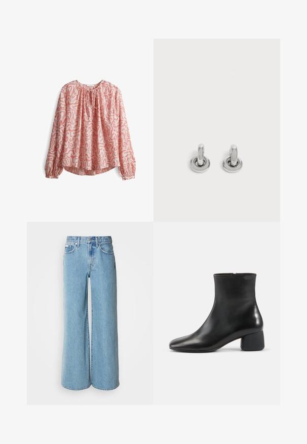 Langarm blouse in lichtroze stof met een rood bloemenpatroon, met een gathering bij de hals en een strikdetail, en met elastische manchetten.; Lichtblauwe wijde jeans van denim, met een hoge taille, vijf pockets en subtiele vervaging langs de stof.; Zwarte leren enkellaars met een afgeronde vierkante neus, zijrits en stevige lage hak op een effen lichte achtergrond.; Een paar kleine, glanzende zilveren creolen met een ronde basis, afgebeeld op een effen lichte achtergrond.
