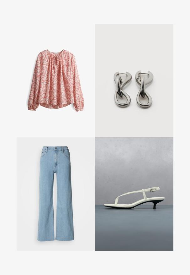 Langarm blouse in lichtroze stof met een rood bloemenpatroon, met een gathering bij de hals en een strikdetail, en met elastische manchetten.; Lichtblauwe wijde jeans van denim, met een aansluitende taille, vijf-pocket ontwerp en subtiele stiksels.; Witte sandaal met smalle bandjes en kitten heel, met een spitse neus, zwevend boven een houten tegelvloer buiten, met op de achtergrond een wazige plant en muur.; Set zilverkleurige metalen oorbellen met een abstract ontwerp van in elkaar grijpende lussen op een witte achtergrond.