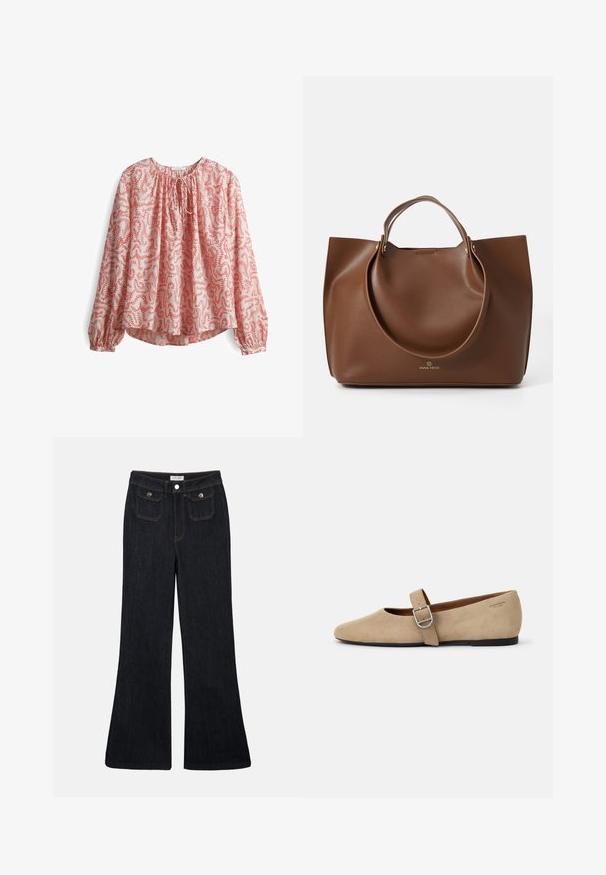 Langarm blouse in lichtroze stof met een rood bloemenpatroon, met een gathering bij de hals en een strikdetail, en met elastische manchetten.; Flared donkerdenim jeans met een hoge taille, twee voorzakken en oranje stiksels. Het materiaal lijkt stevig en glad.; Beige suède Mary Jane balletschoenen met een spitse neus en een enkele verstelbare band met een zilveren gesp. Zwarte platte zool.; Bruine leren tote bag met een gladde textuur, grote ronde handvatten, met een minimalistisch design en een logo dat aan de basis is geperst.