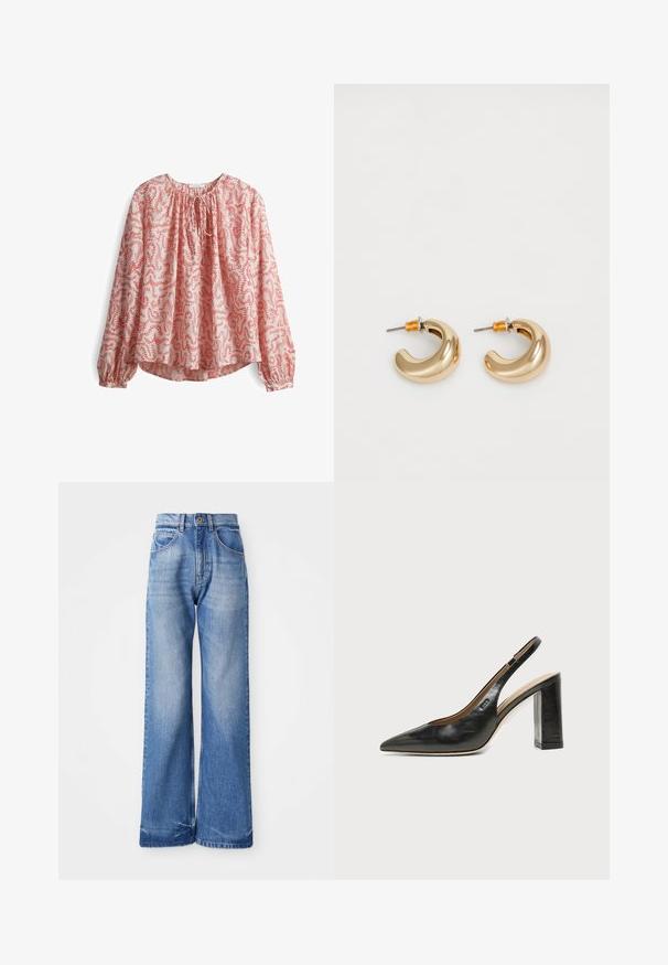 Langarm blouse in lichtroze stof met een rood bloemenpatroon, met een gathering bij de hals en een strikdetail, en met elastische manchetten.; Lichtblauwe wijde jeans van denim, met een hoge taille, vijf zakken en subtiele wassing aan de voorkant voor textuur.; Zwarte leren slingback schoen met spits toelopend neusje, hoge blokhak en beige binnenvoering tegen een effen lichte achtergrond.; Twee glanzende gouden hoepel oorbellen in een gebogen ontwerp, met oranje accenten bij de oorpost, tegen een eenvoudige witte achtergrond.