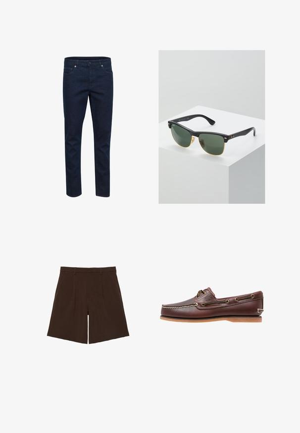 Mørkeblå denimjeans med slim fit, fem lommer og knaplukning, vist mod en hvid baggrund.; Mørkebrune knælange skræddersyede shorts med bæltestropper og forreste læg, vist fladt på hvid baggrund.; Brun læder bådsko med hvide sømme, snøre detaljer og lysbrun gummisål, vist fra siden på hvid baggrund.; Ray-Ban solbriller med grønne linser, sorte plastikstel og gyldne detaljer ved kanterne. Firkantet form med mat finish.