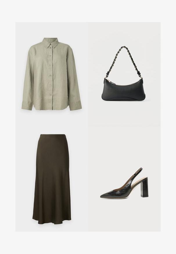 Chemise en lin vert clair à boutons, avec col, manches longues et patte de boutonnage avec six boutons à l'avant. Texture douce et coupe décontractée.; Jupe longue de couleur vert foncé, finition satinée, avec une ligne d'ourlet évasée et une texture lisse. Design simple, sans motifs visibles ni accessoires.; Chaussure slingback en cuir noir à bout pointu avec un talon bloc haut et une doublure intérieure beige sur un fond clair uni.; Sac à bandoulière en cuir noir de forme rectangulaire incurvée, avec une chaîne dorée tissée dans la bandoulière noire tressée et une fermeture éclair sur le dessus.