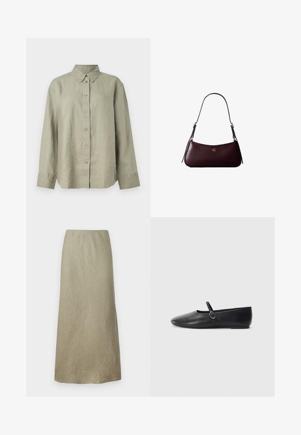 Chemise en lin vert clair à boutons, avec col, manches longues et patte de boutonnage avec six boutons à l'avant. Texture douce et coupe décontractée.; Jupe évasée à longueur genou en tissu vert olive doux avec une texture subtile et sans fermetures ni embellissements visibles.; Ballerines noires en cuir avec un bout pointu, une semelle plate et une petite sangle avec un détail de boucle en argent.; Sac à main en cuir bordeaux foncé avec une fine sangle d'épaule noire et un petit logo doré "cK" au centre devant.