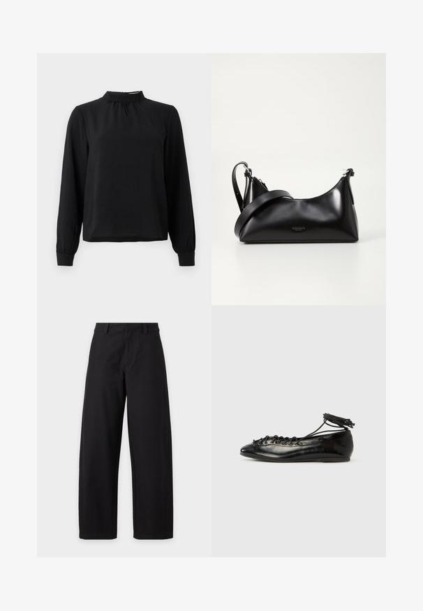 Schwarzbluse mit langen Ärmeln und Stehkragen, strukturiertem Stoff, gerafften Details am Ausschnitt und schmalen Manschetten. Einfaches, klares Design.; Schwarze High-Waist-Hose mit weitem Bein, Gürtelschlaufen und vorderen Nahtdetails auf weißem Hintergrund.; Schwarze Ballerinas aus Lackleder mit runder Spitze, Schnürdesign und flacher Sohle. Glatte Textur mit minimaler Verzierung.; Schwarze lederne Handtasche mit glatter Textur. Verfügt über einen verstellbaren Riemen und ein elegantes, minimalistisches Design mit einem Reißverschluss.