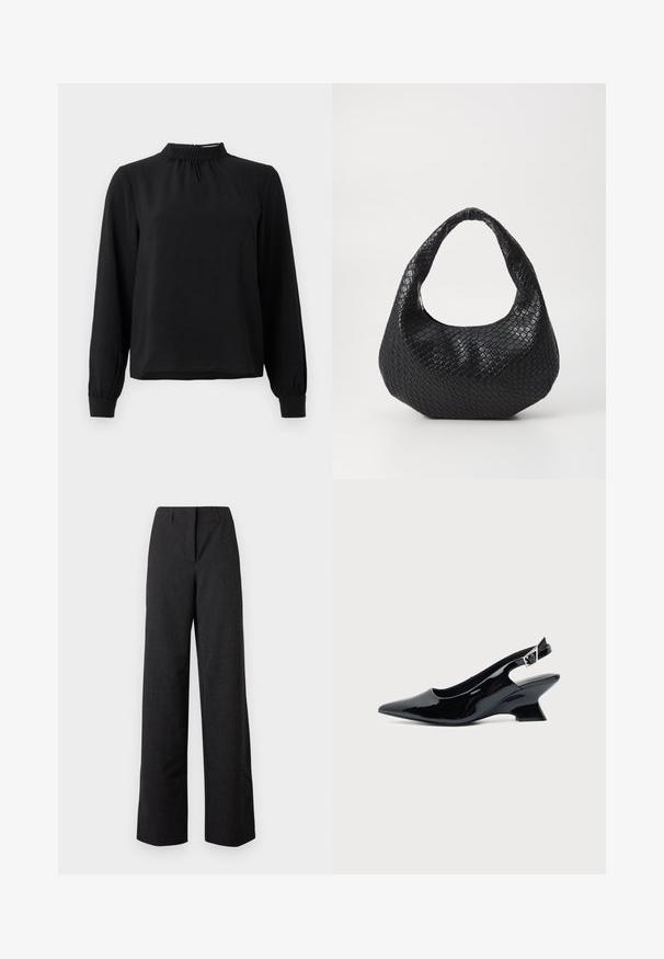 Zwarte blouse met lange mouwen en een mock neck, van een textuurstof, met geplooide details bij de hals en aansluitende manchetten. Eenvoudig, strak ontwerp.; Zwarte damesbroek met een hoge taille en wijde pijpen, voorzien van een verborgen sluiting aan de voorkant en riemlussen.; Zwarte lakleren slingback schoen met spitse neus en lage schuine blokhak op een effen lichte achtergrond.; Zwarte geweven handtas met een gebogen handvat, met een gestructureerd oppervlak en een slouchy vorm. Gladde afwerking met een organische silhouette.