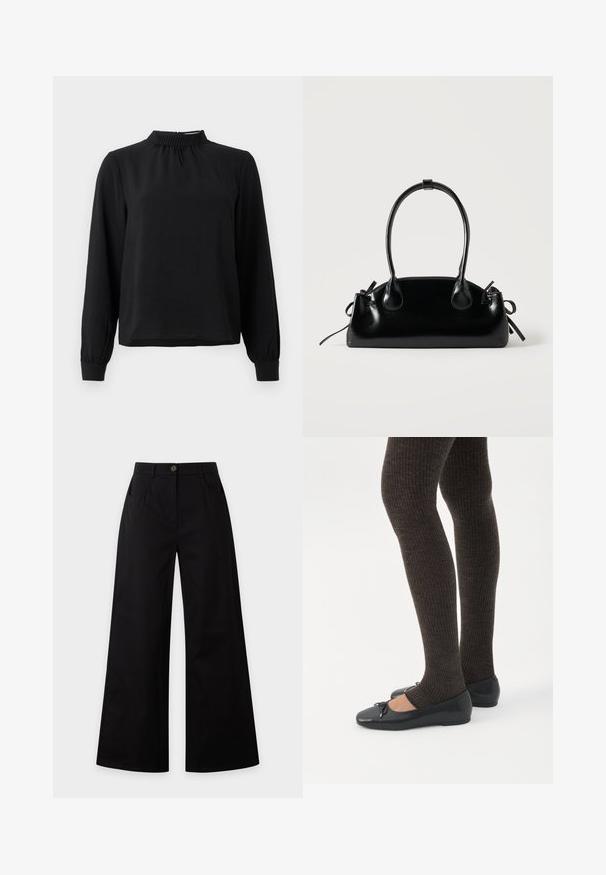 Schwarzbluse mit langen Ärmeln und Stehkragen, strukturiertem Stoff, gerafften Details am Ausschnitt und schmalen Manschetten. Einfaches, klares Design.; Schwarze Hose mit weitem Bein, Knopfleiste vorne, Reißverschluss und Seitentaschen auf einem einfarbigen hellen Hintergrund.; Beine in dunklen, gerippten Leggings kombiniert mit schwarzen Ballerinas mit kleinen Schleifendetails auf weißem Hintergrund.; Kleine schwarze glänzende Handtasche mit zwei langen Griffen und seitlichen Kordelzug-Details vor einfachem hellem Hintergrund.