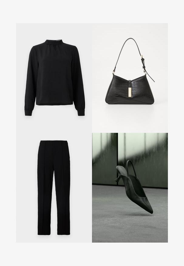 Schwarzbluse mit langen Ärmeln und Stehkragen, strukturiertem Stoff, gerafften Details am Ausschnitt und schmalen Manschetten. Einfaches, klares Design.; Schwarze Hosen mit geradem Bein, hergestellt aus einem glatten Stoff, mit zwei vorderen Falten und einem sauberen Bund.; Schwarzer Slingback-Highheel aus Leder mit spitzer Schuhspitze, schwebt über grauem Teppichboden, unscharfer grünlicher Wandhintergrund.; Schwarze Handtasche aus kunstleder mit Kroko-Prägung, die eine dreieckige Form, einen schmalen Schultergurt und eine goldfarbene Hardware-Akzent in der Mitte aufweist.