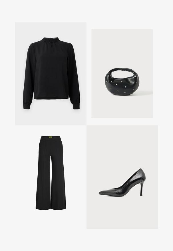 Sort langærmet bluse med en mock neck, tekstureret stof, samlet detalje ved halsudskæringen og tilpassede manchetter. Enkel, ren design.; Sorte bukser med vide ben, høj talje og vertikale sømdetaljer foran.; Sort laklæder damestilet med spids tå og slank hæl på en ensartet lys baggrund.; Sort læderhåndtaske med en rundet form, dekoreret med sølvnitter, og et kort håndtag. Glat tekstur og lynlåslukning.