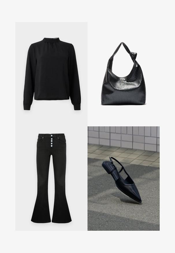 Zwarte blouse met lange mouwen en een mock neck, van een textuurstof, met geplooide details bij de hals en aansluitende manchetten. Eenvoudig, strak ontwerp.; Zwarte uitlopende jeans met een hoge taille, vijfknopsluiting, zachte denimtextuur en subtiele stikdetails op zakken en naden.; Zwarte platte schoen met puntige neus en slingback, zwevend boven een asfaltoppervlak naast een betegeld trottoir.; Zwarte geweven lederen handtas met een slouchy ontwerp, voorzien van een geknoopte schouderband en een kleine decoratieve gouden stud aan de bovenkant.