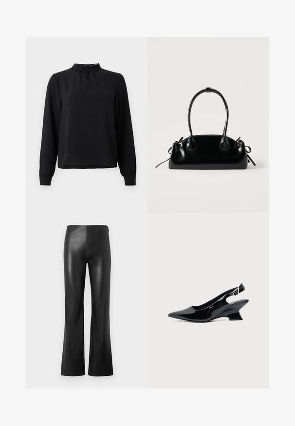 Zwarte blouse met lange mouwen en een mock neck, van een textuurstof, met geplooide details bij de hals en aansluitende manchetten. Eenvoudig, strak ontwerp.; Zwarte leren flare broeken met een gladde textuur en een hoge taille, gekenmerkt door strakke lijnen en geen zichtbare hardware of versieringen.; Zwarte lakleren slingback schoen met spitse neus en lage schuine blokhak op een effen lichte achtergrond.; Kleine zwarte glanzende handtas met twee lange hengsels en zijkant trekkoord details op een effen lichte achtergrond.