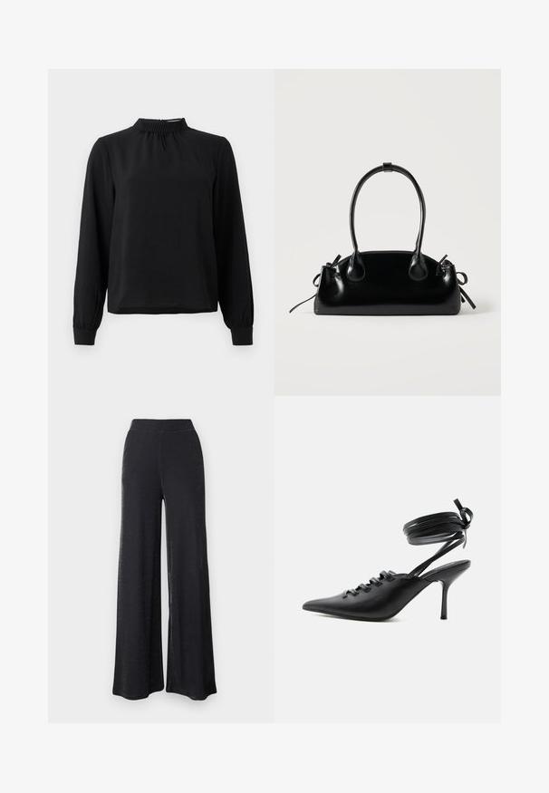 Sort langærmet bluse med en mock neck, tekstureret stof, samlet detalje ved halsudskæringen og tilpassede manchetter. Enkel, ren design.; Sorte breddebenede bukser lavet af et blødt, strækbart materiale med en subtil glans, der har en elastisk linning og en afslappet pasform.; Sort spids sko med høje hæle, snørelukning foran og omlægning omkring anklerne bundet med sløjfe, vist fra siden på hvid baggrund.; Lille sort blank håndtaske med to lange håndtag og snøre-detaljer i siden på en ensfarvet lys baggrund.