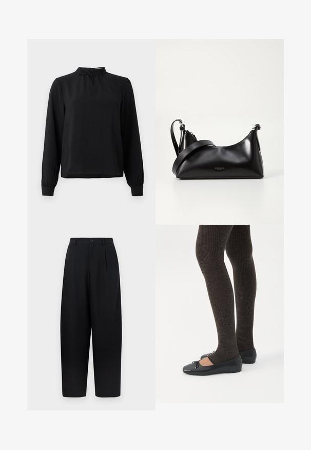 Zwarte blouse met lange mouwen en een mock neck, van een textuurstof, met geplooide details bij de hals en aansluitende manchetten. Eenvoudig, strak ontwerp.; Zwarte broek met een losse pasvorm, voorzien van een plooivouw aan de voorkant, een knoopsluiting en rechte zoom. Gemaakt van een gladde, lichtgewicht stof.; Benen met donkere geribbelde leggings gecombineerd met zwarte ballerina's met kleine strikdetails op een witte achtergrond.; Zwarte leren handtas met een gladde textuur. Beschikt over een verstelbare schouderband en een strak, minimalistisch ontwerp met een ritssluiting.