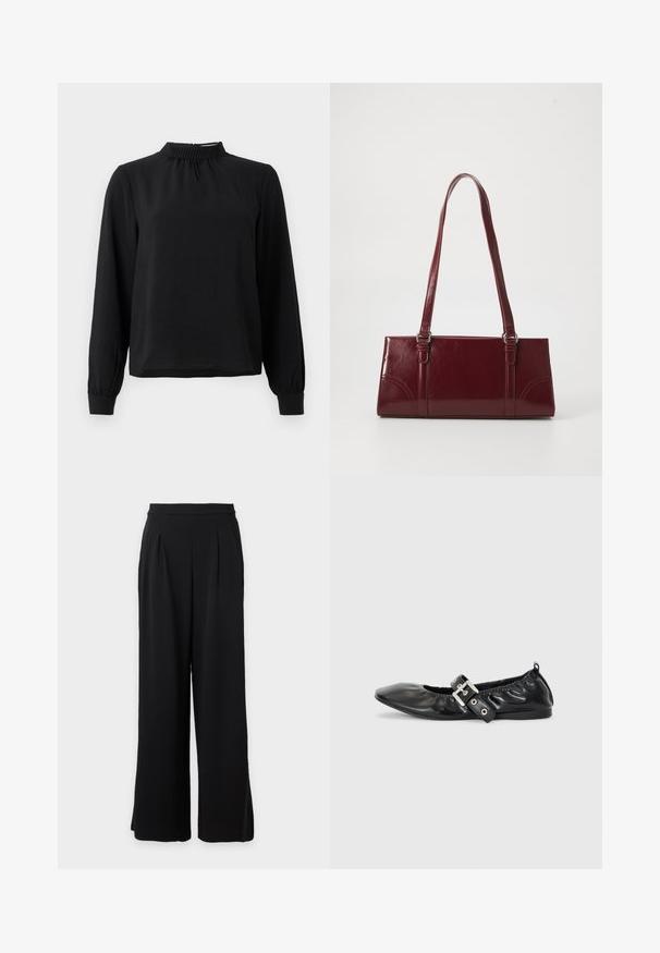 Schwarzbluse mit langen Ärmeln und Stehkragen, strukturiertem Stoff, gerafften Details am Ausschnitt und schmalen Manschetten. Einfaches, klares Design.; Schwarze, weit geschnittene Hose mit Falten vorne und hohem Bund, vor hellem Hintergrund dargestellt.; Schwarze Leder-Ballerinas mit spitzem Zehenbereich, gerafften Details am Schaft und einem silbernen Schnallenakzent am verstellbaren Riemen.; Burgunderfarbene Handtasche aus glänzendem Material, rechteckige Form, mit zwei Schulterriemen und subtilen, geschwungenen Akzenten an der Vorderseite.