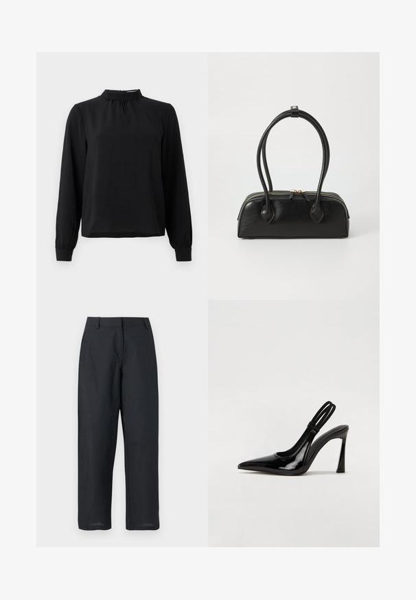 Sort langærmet bluse med en mock neck, tekstureret stof, samlet detalje ved halsudskæringen og tilpassede manchetter. Enkel, ren design.; Sorte bukser med lige ben, bæltestropper, lynlås foran og sidelommer, vist på hvid baggrund.; Sorte patenterede lædersædler med spidse tæer, slank høj hæl og dobbelt elastisk rem for sikker pasform. Glat, skinnende overflade.; Sort læder håndtaske med to langstrakte håndtag, lynlåslukning og afrundet form; glat tekstur med en subtil blank finish.