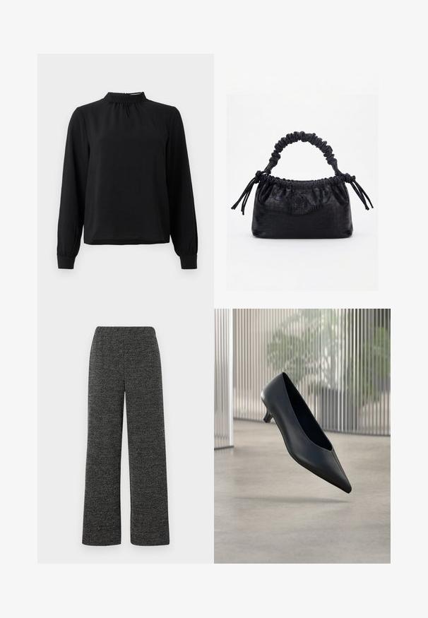 Blouse noire à manches longues avec un col montant, tissu texturé, détails froncés au niveau du col et poignets ajustés. Design simple et épuré.; Pantalons à jambes larges en tissu texturé noir et gris, dotés d'une taille élastique pour plus de confort. Pas de poches ni de fermetures visibles.; Chaussure noire à talon kitten à bout pointu flottant au-dessus d'un sol en béton lisse avec des panneaux translucides verticaux en arrière-plan.; Sac à main noir avec texture crocodile, bord supérieur froncé, poignée plissée et pompons à cordon de chaque côté sur fond blanc.