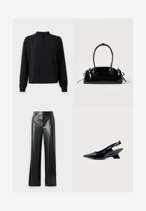 Blusa negra de manga larga con cuello alto, tejido texturizado, detalles fruncidos en el escote y puños ajustados. Diseño simple y limpio.; Pantalones de cuero negro de pierna ancha con una textura suave, que cuentan con una cinturilla de altura media y sutiles líneas de pliegue delantero.; Zapato slingback de cuero charol negro con puntera puntiaguda y tacón bajo en bloque inclinado sobre fondo claro liso.; Pequeño bolso negro brillante con dos asas largas y detalles de cordón lateral sobre un fondo claro liso.