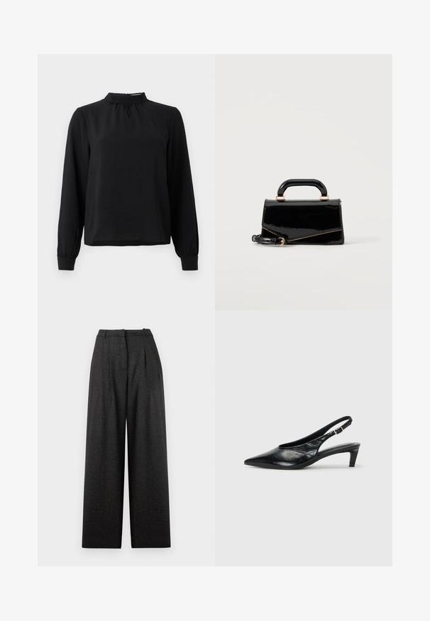 Blusa negra de manga larga con cuello alto, tejido texturizado, detalles fruncidos en el escote y puños ajustados. Diseño simple y limpio.; Pantalones de pierna ancha en patrón de cuadros gris oscuro, con cintura alta, pliegues y un ajuste estructurado. Fabricados en tela texturada.; Tacón de piel negra tipo slingback con punta afilada, tacón bajo tipo kitten y correa ajustable con hebilla. Textura suave con un detalle mínimo.; Bolso rectangular negro brillante con asa superior, herrajes dorados y correa desmontable, colocado sobre un fondo claro y sencillo.