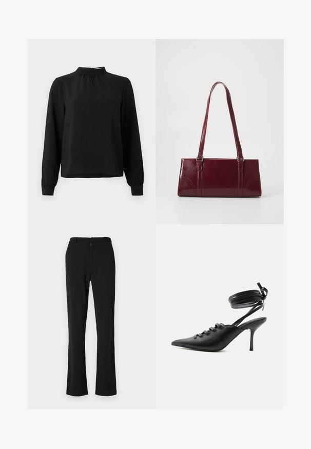 Sort langærmet bluse med en mock neck, tekstureret stof, samlet detalje ved halsudskæringen og tilpassede manchetter. Enkel, ren design.; Sort, flagrende bukser med en glat tekstur, der har en flad front, bæltestropper og en lynlås-lukning. Designet til en skræddersyet pasform.; Sort spids sko med høje hæle, snørelukning foran og omlægning omkring anklerne bundet med sløjfe, vist fra siden på hvid baggrund.; Bordeaux håndtaske lavet af glansfuldt materiale, rektangulær form, med to skulderremme og subtile buede detaljer på forsiden.