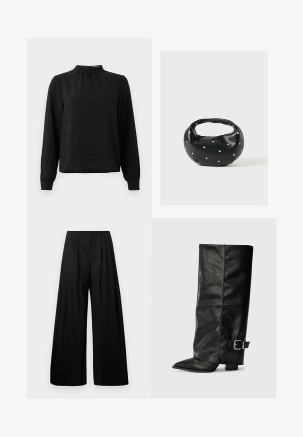 Blusa negra de manga larga con cuello alto, tejido texturizado, detalles fruncidos en el escote y puños ajustados. Diseño simple y limpio.; Pantalones de pierna ancha negros con cintura alta, que cuentan con pliegues verticales y cierre de botón. Textura suave, diseño minimalista.; Botas de cuero negro hasta el tobillo con punta afilada, textura suave y un detalle de hebilla plateada en el lado. Tacón cuadrado grueso.; Bolso de mano de cuero negro con forma redondeada, decorado con detalles de tachuelas plateadas y un asa corta. Textura lisa y cierre con cremallera.