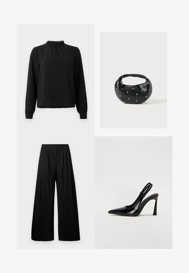 Schwarzbluse mit langen Ärmeln und Stehkragen, strukturiertem Stoff, gerafften Details am Ausschnitt und schmalen Manschetten. Einfaches, klares Design.; Schwarze weite Hose mit hoher Taille, versehen mit vertikalen Falten und einem Knopfverschluss. Glatte Textur, minimalistisches Design.; Schwarze Lackleder Slingback-Pumps mit spitzem Zehenbereich, schlankem hohen Absatz und doppeltem elastischen Riemen für einen sicheren Sitz. Glatte, glänzende Oberfläche.; Schwarze Lederhandtasche mit abgerundeter Form, verziert mit silbernen Nietenakzenten und kurzem Griff. Glatte Struktur und Reißverschlussverschluss.