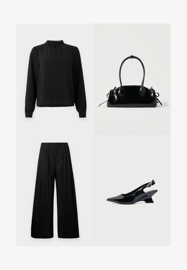 Schwarzbluse mit langen Ärmeln und Stehkragen, strukturiertem Stoff, gerafften Details am Ausschnitt und schmalen Manschetten. Einfaches, klares Design.; Schwarze weite Hose mit hoher Taille, versehen mit vertikalen Falten und einem Knopfverschluss. Glatte Textur, minimalistisches Design.; Schwarzer Slingback-Schuh aus Lackleder mit spitzer Spitze und niedrigem, schrägem Blockabsatz auf einfachem hellem Hintergrund.; Kleine schwarze glänzende Handtasche mit zwei langen Griffen und seitlichen Kordelzug-Details vor einfachem hellem Hintergrund.