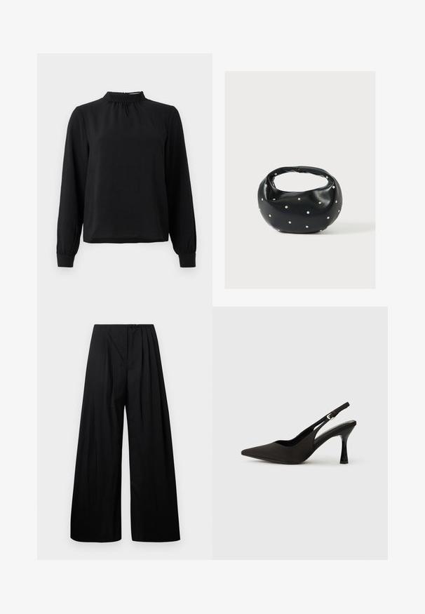 Blusa negra de manga larga con cuello alto, tejido texturizado, detalles fruncidos en el escote y puños ajustados. Diseño simple y limpio.; Pantalones de pierna ancha negros con cintura alta, que cuentan con pliegues verticales y cierre de botón. Textura suave, diseño minimalista.; Zapatos de tacón negro tipo slingback con puntera afilada, acabado mate suave y un tacón delgado y brillante. Correa ajustable con detalle de hebilla pequeña.; Bolso de mano de cuero negro con forma redondeada, decorado con detalles de tachuelas plateadas y un asa corta. Textura lisa y cierre con cremallera.