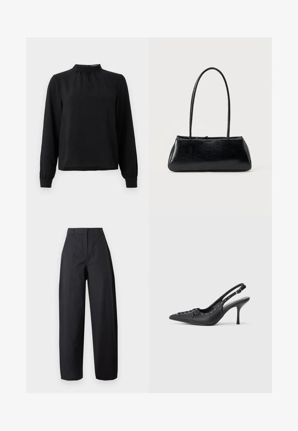 Blusa negra de manga larga con cuello alto, tejido texturizado, detalles fruncidos en el escote y puños ajustados. Diseño simple y limpio.; Pantalones de pierna ancha y cintura alta en color negro, con bolsillos frontales y trabillas para cinturón, mostrados sobre un fondo claro y sencillo.; Sandal de tacón stiletto negro de cuero con punta afilada, correa lateral con hebilla, tachuelas a lo largo del borde y cordones decorativos en la parte delantera.; Bolso de hombro rectangular negro con correas largas y delgadas y una textura lisa y brillante sobre un fondo liso.